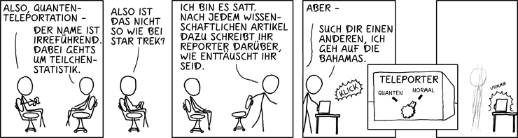Deutsche Übersetzung des xkcd-Strips "Quantenteleportation"